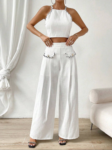 Solid Crop Halter Top & Wide Leg Pants