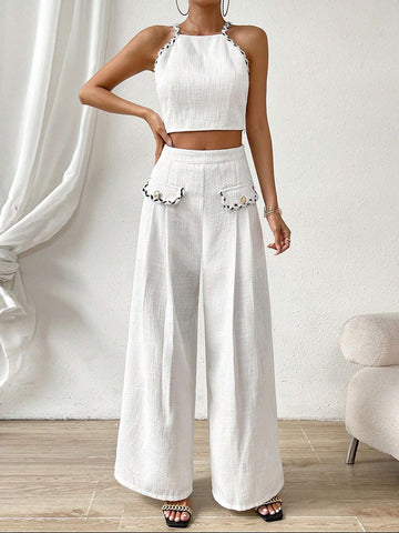Solid Crop Halter Top & Wide Leg Pants