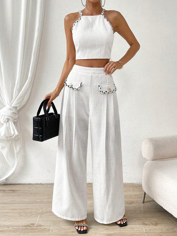 Solid Crop Halter Top & Wide Leg Pants