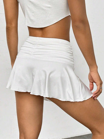 EZwear Solid Ruched Ruffle Hem Skirt