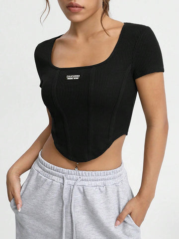 Letter Patched Detail Curved Hem Crop Tee