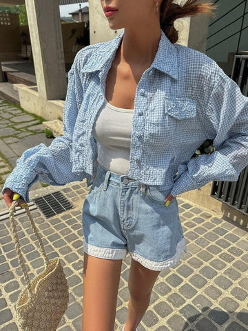 Gingham Print Drop Shoulder Flap Detail Crop Shirt