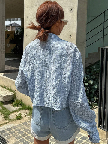 Gingham Print Drop Shoulder Flap Detail Crop Shirt