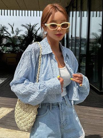 Gingham Print Drop Shoulder Flap Detail Crop Shirt