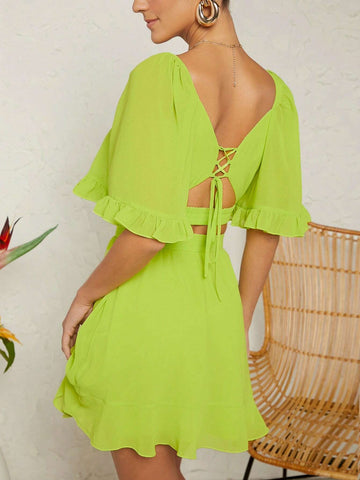 Tie Backless Flounce Sleeve Crop Top & Ruffle Hem Skirt