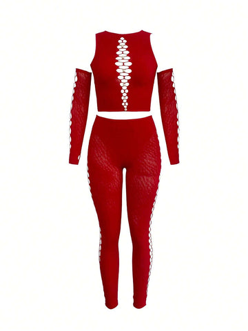Cutout Front Mesh Top & Leggings & Arm Sleeves