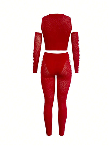 Cutout Front Mesh Top & Leggings & Arm Sleeves