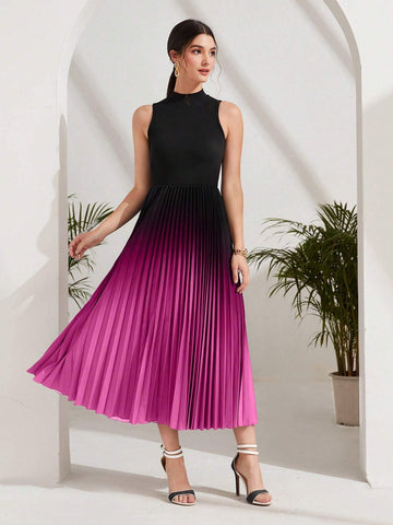 Ombre Pleated Hem Mock Neck Dress