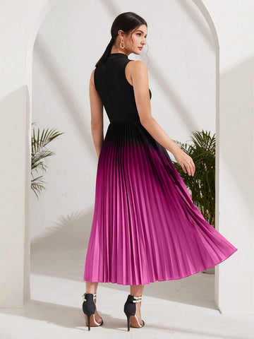 Ombre Pleated Hem Mock Neck Dress