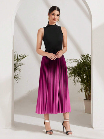 Ombre Pleated Hem Mock Neck Dress