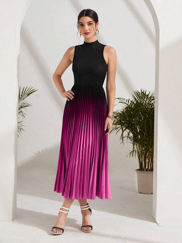 Ombre Pleated Hem Mock Neck Dress