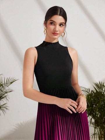 Ombre Pleated Hem Mock Neck Dress