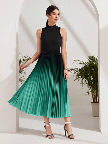 Ombre Pleated Hem Mock Neck Dress