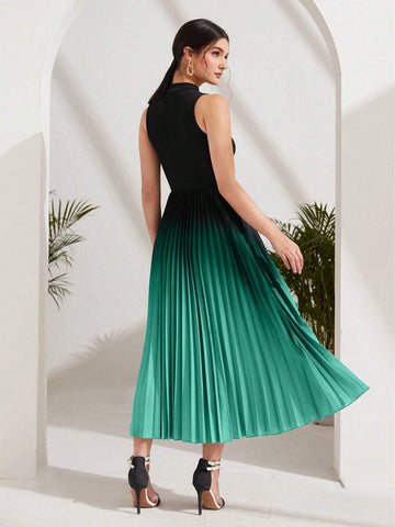 Ombre Pleated Hem Mock Neck Dress