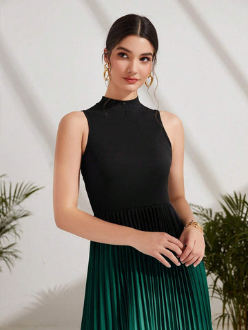 Ombre Pleated Hem Mock Neck Dress