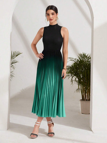 Ombre Pleated Hem Mock Neck Dress
