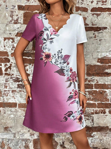 EMERY ROSE Floral Print Scallop Trim Tunic Dress