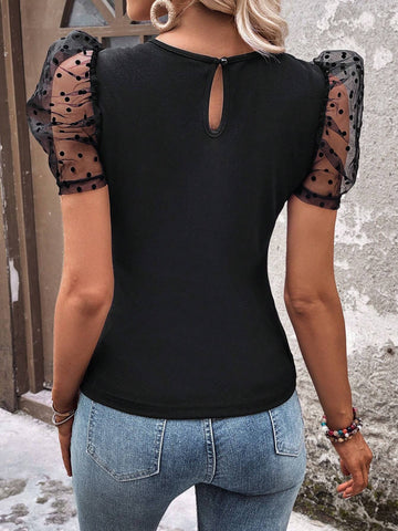 EMERY ROSE Contrast Dobby Mesh Puff Sleeve Tee