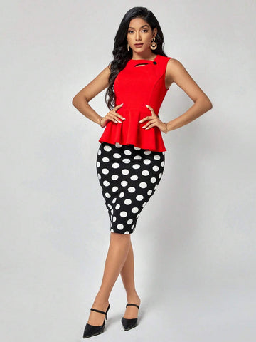EMERY ROSE Solid Peplum Top & Polka Dot Print Skirt