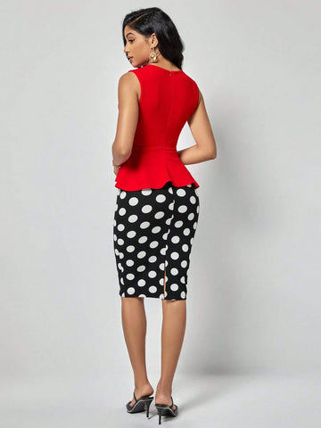 EMERY ROSE Solid Peplum Top & Polka Dot Print Skirt