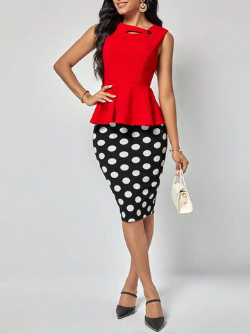 EMERY ROSE Solid Peplum Top & Polka Dot Print Skirt