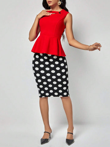 EMERY ROSE Solid Peplum Top & Polka Dot Print Skirt