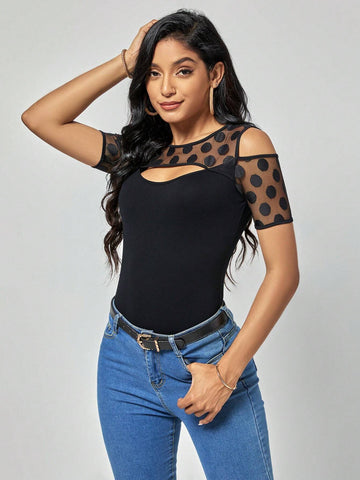EMERY ROSE Contrast Mesh Cut Out Front Tee