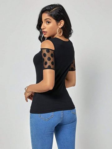 EMERY ROSE Contrast Mesh Cut Out Front Tee