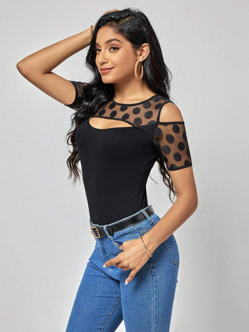 EMERY ROSE Contrast Mesh Cut Out Front Tee