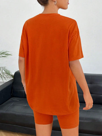 Letter Patched Drop Shoulder Tee & Biker Shorts