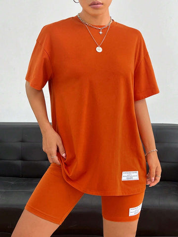 Letter Patched Drop Shoulder Tee & Biker Shorts