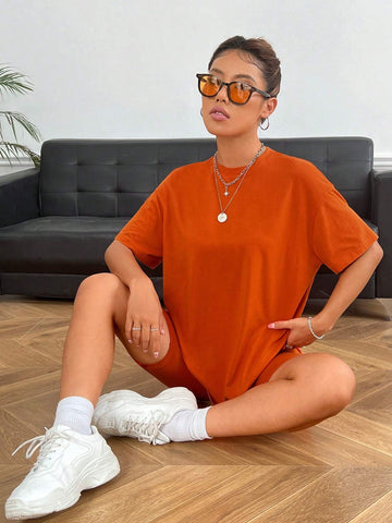 Letter Patched Drop Shoulder Tee & Biker Shorts