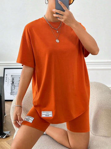 Letter Patched Drop Shoulder Tee & Biker Shorts