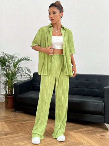 Solid Button Front Shirt & Pants Without Cami Top