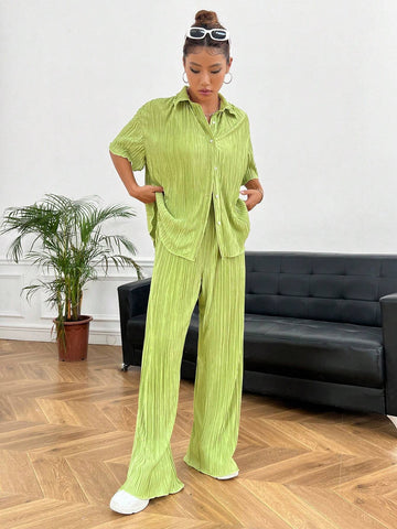 Solid Button Front Shirt & Pants Without Cami Top