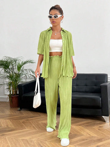 Solid Button Front Shirt & Pants Without Cami Top