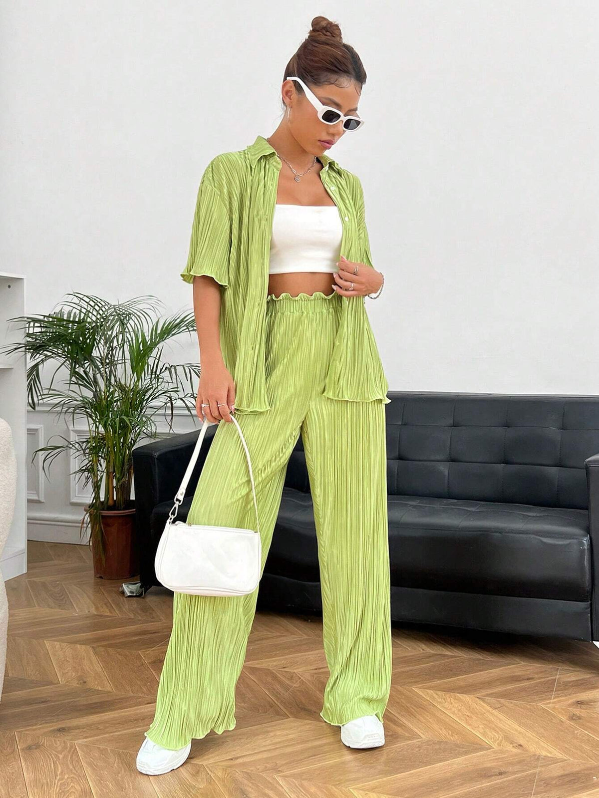 Solid Button Front Shirt & Pants Without Cami Top