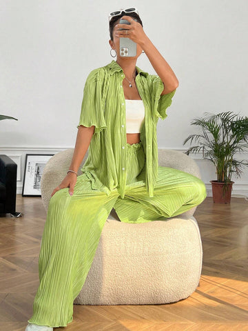 Solid Button Front Shirt & Pants Without Cami Top