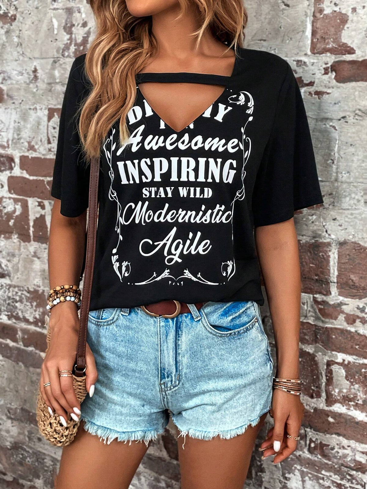 EMERY ROSE Slogan Graphic Cut Out Tee