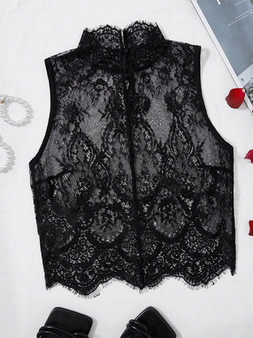 Mock Neck Lace Tank Top Without Bra