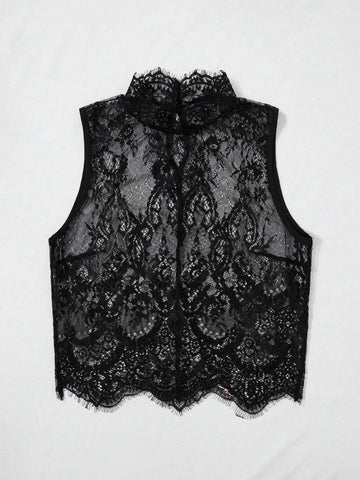 Mock Neck Lace Tank Top Without Bra