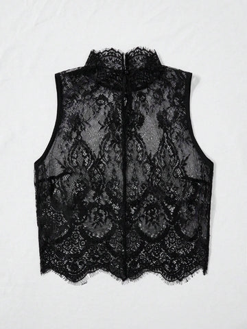 Mock Neck Lace Tank Top Without Bra