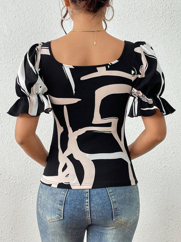 Unity Allover Print Square Neck Puff Sleeve Tee