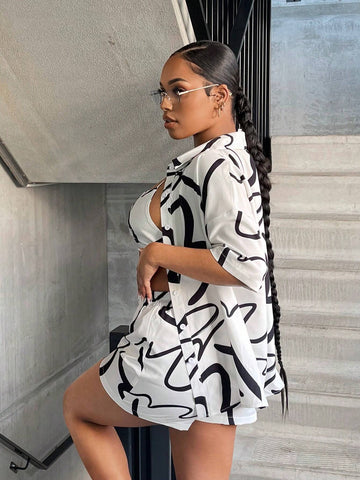 Graphic Print Cami Top & Shorts & Drop Shoulder Blouse