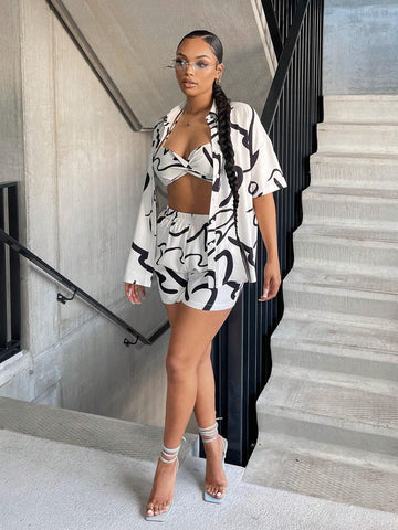 Graphic Print Cami Top & Shorts & Drop Shoulder Blouse