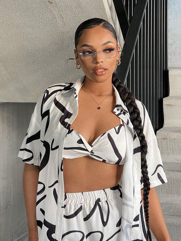 Graphic Print Cami Top & Shorts & Drop Shoulder Blouse