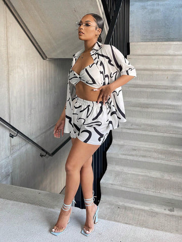 Graphic Print Cami Top & Shorts & Drop Shoulder Blouse