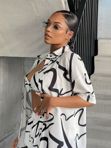 Graphic Print Cami Top & Shorts & Drop Shoulder Blouse