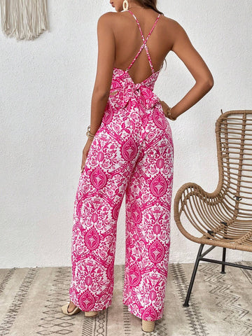 Floral Print Crisscross Tie Backless Wide Leg Cami Jumpsuit