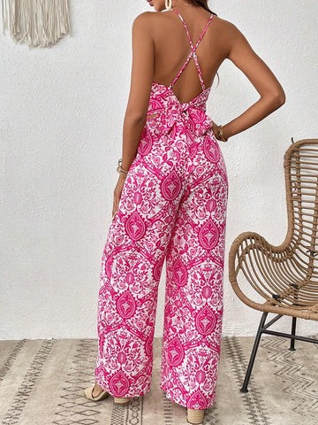Floral Print Crisscross Tie Backless Wide Leg Cami Jumpsuit